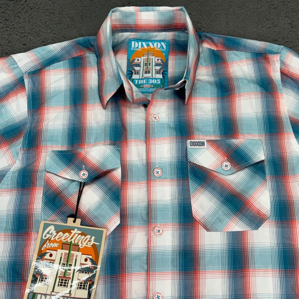 Dixxon Flannel The 305 Shirt Mens L Teal Coral Plaid Bamboo Short Sleeve Button